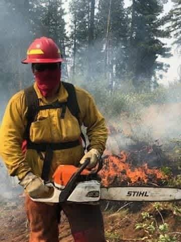 Sawyer running a chainsaw on the fireline